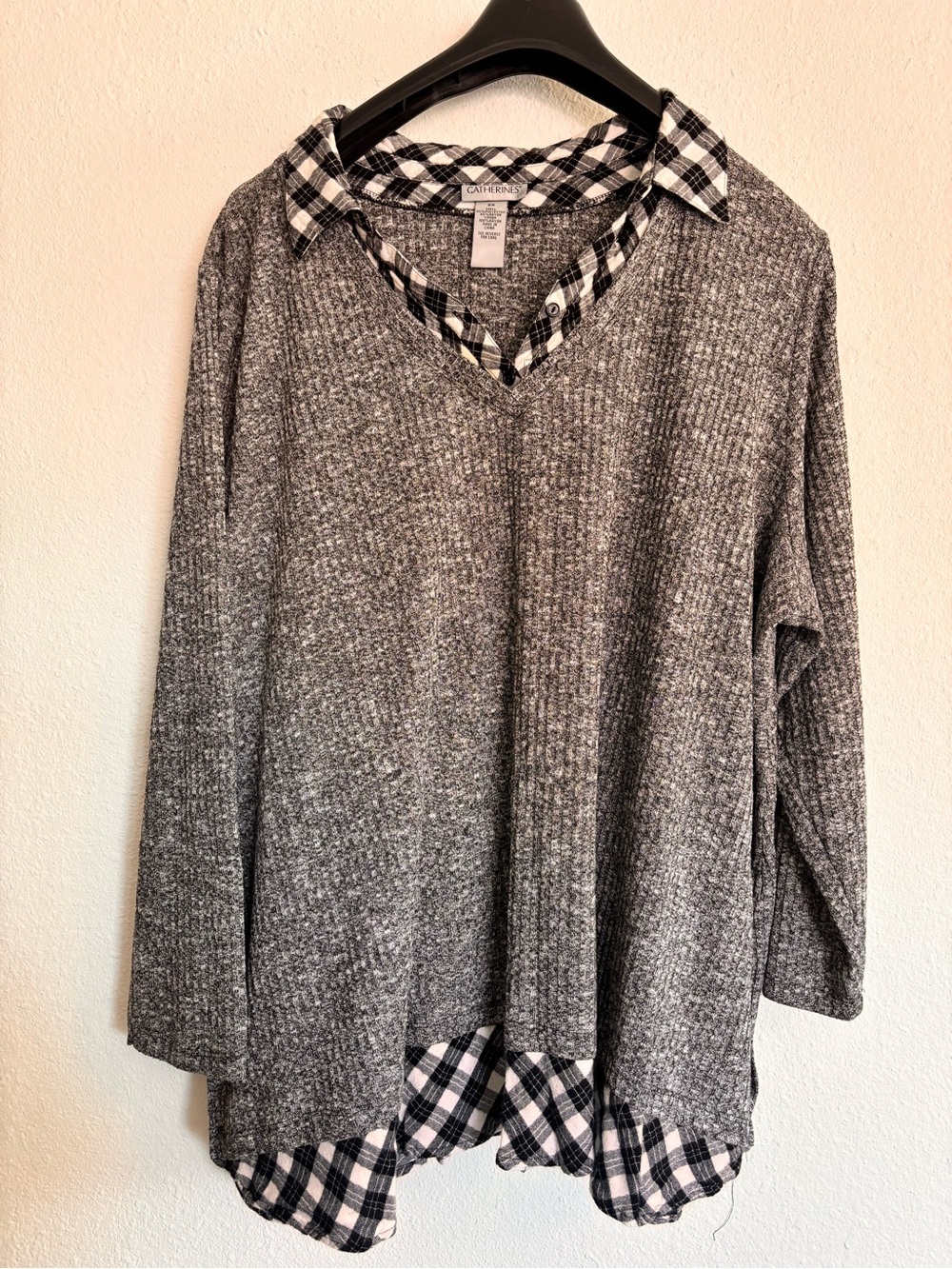 Catherines Layered Look Plaid Collar Knit Tunic Top | 2X